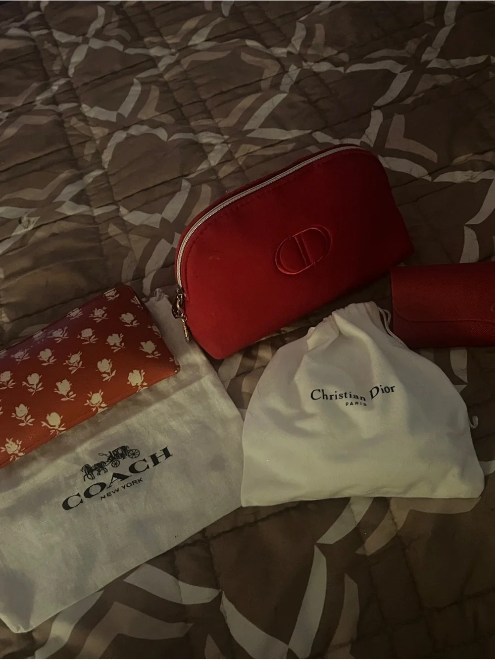 Dior Red Leather Zip Cosmetic Pouch and Coach mini bag and carrier case